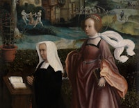 Porträt eines Stifterpaares mit den Heiligen Nikolaus und Godeleva (recto) Der Geizhals und der Tod (verso)