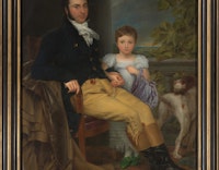 Portret van een voornaam man met zijn dochter en een jachthond