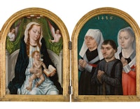 Diptychon mit drei Stiftern und Maria mit Kind